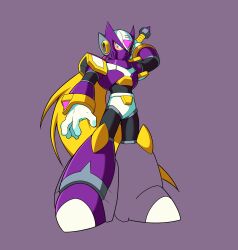  absurdres android armor blonde_hair clenched_hand covered_mouth gloves grey_background helmet highres holding holding_sword holding_weapon long_hair looking_at_viewer mask mega_man_(series) mega_man_x_(series) mouth_mask ponytail purple_armor purple_helmet robot robot_ears shoulder_armor simple_background sword unfinished very_long_hair violet_eyes viral_zero_(mega_man_x_corrupted) watashi_wa_dink weapon white_gloves zero_(mega_man) 