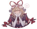  1girl blonde_hair blush bow collared_dress commentary dress elbow_gloves frilled_shirt_collar frills gap_(touhou) gloves hair_between_eyes hands_up hat hat_ribbon head_rest heart highres long_hair looking_at_viewer marimo_tarou mob_cap neck_ribbon parted_lips purple_dress red_bow red_ribbon ribbon short_sleeves simple_background smile solo spoken_heart touhou upper_body violet_eyes white_background white_gloves white_headwear yakumo_yukari 