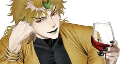  1boy black_nails blonde_hair commentary cup dio_brando drinking_glass fingernails green_lips highres holding holding_cup jojo_no_kimyou_na_bouken light_smile lips looking_at_viewer male_focus mechimun_jojo medium_hair mismatched_eyebrows nose red_eyes sharp_fingernails simple_background solo stardust_crusaders white_background wine_glass 