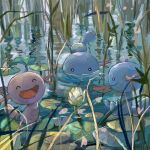  ^_^ afloat black_eyes closed_eyes closed_mouth highres lily_pad looking_at_another open_mouth partially_submerged pokemon pokemon_(creature) pond reflection reflective_water ripples sakusakufugashi smile swimming tall_grass water_lily_flower wooper 