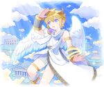  1boy alternate_color angel angel_wings armband armlet blonde_hair blue_sky clouds feathered_wings hand_up kid_icarus kid_icarus_uprising laurel_crown looking_up male_focus nopepe open_mouth pit_(kid_icarus) sky smile solo sparkle super_smash_bros. temple wings 