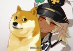  1girl blonde_hair clover dark-skinned_female dark_skin doge four-leaf_clover guilty_gear guilty_gear_strive hair_between_eyes long_hair looking_at_viewer orange_eyes ramlethal_valentine shiba_inu simple_background sowel_(sk3) twitter white_headwear 