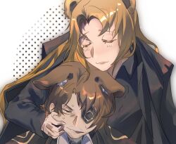  1boy 1girl :3 animal_ear_fluff animal_ears bear_ears beard_stubble black_coat black_shirt blush brown_hair cheek_pinching closed_eyes coat coat_on_shoulders commentary curtained_hair dog_ears eyepatch facial_hair gregor_(project_moon) hair_over_shoulder highres kemonomimi_mode kurokumo_clan_(identity)_(project_moon) limbus_company long_hair medium_hair mustache_stubble official_alternate_costume open_clothes open_coat pinching project_moon rodion_(project_moon) shirt shoggoth_(sirens20211) stubble sweatdrop trembling white_shirt 