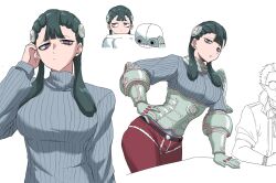  1girl armored_corset ashei breasts commentary_request corset cropped_legs gauntlets highres long_hair looking_at_viewer low_twintails medium_breasts nasu_(ilo_a5) pants red_pants short_hair simple_background sweater the_legend_of_zelda the_legend_of_zelda:_twilight_princess twintails upper_body 