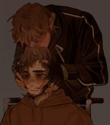  2boys afraid_of_monsters bags_under_eyes bandage_on_face bandages beard_stubble black_gloves black_hair black_hoodie brown_hair commentary creator_connection crossover cry_of_fear david_leatherhoff english_commentary exhausted facial_hair fingerless_gloves gloves hand_on_another's_face heads_together highres hood hood_down hoodie male_focus mogilnik6 multiple_boys red_hoodie short_hair simon_henriksson spoilers striped_clothes striped_hoodie stubble wheelchair 