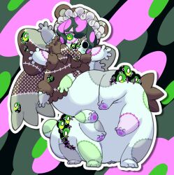  1girl absurdres animal_ears back_bow bear_ears black_eyes bonnet borrowed_character bow bowtie brown_bow brown_bowtie colored_eyelashes colored_tongue commentary_request commission extra_arms full_body green_background green_eyes green_hair green_tongue hat heterochromia highres large_bow looking_at_viewer mob_cap monsha_moa monster_girl multicolored_hair multiple_legs original outstretched_arms patchwork_skin pink_hair sharp_teeth short_hair skeb_commission solo split_head spread_arms stuffing tail tardigrade taur teeth 