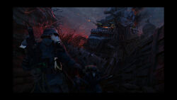  5boys alien astra_militarum barbed_wire caterpillar_tracks combat_helmet death_korps_of_krieg firing gun helmet highres machine_gun manually-operated_mounted_gun multiple_boys orc ork_(warhammer) stahlhelm tibz-ollier trench warhammer_40k weapon 