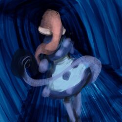  1girl abstract blue_dress commentary_request doremy_sweet dress dutch_angle from51572962 from_behind full_body hallway hat highres indoors nightcap red_hat solo tail tapir_girl tapir_tail touhou two-tone_dress vanishing_point white_dress 