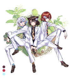  3girls :d alternate_costume ange_katrina animal_ears ben-day_dots black_shirt blue_eyes blue_flower blue_hair blue_necktie blue_socks brown_hair brown_shoes closed_mouth collared_shirt colored_inner_hair commentary_request crossed_bangs dog_ears eyelashes flower group_picture hair_behind_ear hair_between_eyes hair_bun hair_flower hair_ornament hands_on_own_foot heterochromia highres inui_toko jacket knee_up lize_helesta long_sleeves looking_at_viewer matching_outfits multicolored_hair multiple_girls necktie nijisanji open_clothes open_jacket open_mouth orange_necktie pants patterned_clothing photo_background plaid_clothes plaid_socks ponytail red_eyes red_hair red_necktie red_socks sanbaka_(nijisanji) screentones shirt shoes short_ponytail sitting smile socks suit suit_jacket takanashi_ringo two-tone_hair violet_eyes virtual_youtuber white_background white_hair white_jacket white_pants white_suit wreath yellow_eyes yellow_socks 