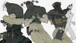  1boy 1other belt black_gloves black_shirt black_shoes blood blood_on_hands blue_eyes call_of_duty closed_eyes combat_helmet gloves green_gloves grey_belt helmet highres kaifei_(kaifei_29) konig_(call_of_duty) male_focus mask multicolored_gloves multiple_scars multiple_views muscular muscular_male own_hands_together scar scar_on_arm shirt shoes simple_background sitting strangling tactical_clothes two-tone_gloves veins veiny_arms vest white_background 