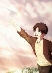  1boy blue_eyes brown_hair brown_jacket commentary_request eren_yeager field flower flower_field highres jacket lens_flare male_focus open_mouth paper_airplane shingeki_no_kyojin sirius_0905hz smile solo sunlight throwing twitter_username 