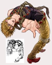  1boy animal_print black_shirt blonde_hair compression_shirt dio_brando fingernails gem grey_background highres jojo_no_kimyou_na_bouken jojo_pose looking_at_viewer male_focus mechimun_jojo pants red_eyes red_gem red_shoes reference_inset scarf shirt shoes short_hair simple_background solo standing yellow_pants 