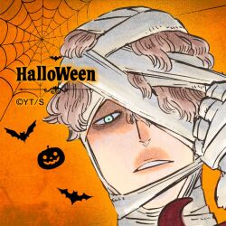  1boy black_clover brown_hair gauche_adlai green_eyes halloween halloween_costume looking_at_viewer mummy_costume official_alternate_costume official_art one_eye_covered orange_background portrait short_hair silk solo spider_web tabata_yuuki 