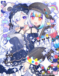  2girls :d artist_request bare_shoulders beret black_jacket blue_dress blue_hairband blunt_bangs bow chinese_commentary commentary_request commission dress frilled_dress frills gothic_lolita hair_over_one_eye hairband hand_on_another's_shoulder hat heterochromia highres holding holding_sketchbook jacket jogasaki_noah lolita_fashion lolita_hairband long_hair long_sleeves mahou_shoujo_no_majo_saiban multi-tied_hair multicolored_hair multiple_girls natsume_an-an open_mouth paintbrush polka_dot polka_dot_bow rainbow red_eyes second-party_source sketchbook sleeves_past_fingers sleeves_past_wrists smile sparkle streaked_hair very_long_hair violet_eyes white_hair yellow_eyes 