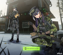  2girls absurdres ammunition_pouch assault_rifle bangdog black_boots black_gloves blue_eyes blue_hair boots brown_gloves brown_hair camouflage camouflage_jacket camouflage_pants commentary_request commission daewoo_k2 day digital_camouflage english_text escape_from_tarkov eyewear_on_headwear game_screenshot_background gloves goggles grey_hair gun hat headset helmet heterochromia highres holding jacket load_bearing_vest looking_at_viewer military military_combat_uniform military_operator military_uniform multicolored_gloves multicolored_hair multiple_girls open_mouth outdoors pants peaked_cap pouch purple_hair red_hair rifle sako_m23 scar scar_on_cheek scar_on_face scope screenshot_background smile squatting streaked_hair suppressor swedish_flag syringe teeth twitter_username two-tone_gloves upper_teeth_only v weapon white_hair yellow_eyes 