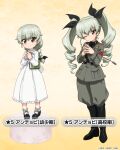  2girls ;) aged_down anchovy_(girls_und_panzer) anzio_military_uniform back_bow belt black_belt black_footwear black_necktie black_ribbon black_shirt bobby_socks book boots bow braid braided_ponytail character_name closed_mouth commentary_request dress dress_shirt drill_hair frilled_dress frilled_sleeves frills girls_und_panzer girls_und_panzer_senshadou_daisakusen! green_hair grey_jacket grey_pants hair_ribbon holding holding_book jacket knee_boots long_hair long_sleeves looking_at_viewer mary_janes medium_dress military military_uniform multiple_girls necktie official_art one_eye_closed pants red_eyes ribbon riding_crop sam_browne_belt shirt shoes single_braid smile socks standing star_(symbol) steepled_fingers translated twin_drills twintails uniform watermark white_dress white_socks wing_collar yellow_background 