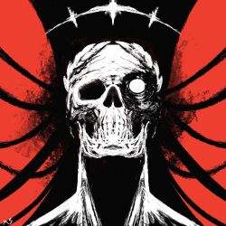  1boy artificial_eye cable commentary corpse emaciated emperor_of_mankind english_commentary facing_viewer halo highres hollow_eyes laurel_crown laurels mechanical_eye red_background signature skeleton solo teeth thefearmaster warhammer_40k 