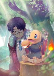  1boy black_hair black_hoodie blue_necktie burger charmander claws closed_mouth clothed_pokemon coat commentary_request drawstring fire flame-tipped_tail food glasses grey_sweater_vest highres holding holding_burger holding_food hood hood_down hoodie long_sleeves male_focus mole mole_under_mouth naketarou necktie on_tree_stump pokemon pokemon_(creature) rectangular_eyewear red_coat short_hair sitting sweater_vest tail tree under_tree 