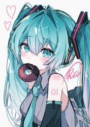  1girl aqua_eyes aqua_hair aqua_necktie bare_shoulders commentary_request detached_sleeves doughnut food grey_shirt hair_between_eyes hatsune_miku headset heart highres long_hair looking_at_viewer mouth_hold necktie number_tattoo ria_art shirt signature simple_background sleeveless sleeveless_shirt solo tattoo twintails vocaloid white_background 