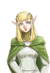  1girl blonde_hair blunt_bangs braid braided_hair_rings capelet closed_mouth commentary_request dungeon_meshi elf eyelashes hair_rings highres illum_c long_hair looking_at_viewer pattadol pointy_ears simple_background solo standing upper_body white_background 