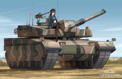  1girl aircraft alvin_art15 artist_name beret black_pantyhose brown_hair browning_m2 cannon caterpillar_tracks commentary commission crossed_legs cup english_commentary glasses gun hat heavy_machine_gun heterochromia highres holding holding_cup k2_black_panther machine_gun military_uniform military_vehicle motor_vehicle mug on_tank original pantyhose red_eyes sitting smoke_grenade_launcher solo tank treads vehicle_focus weapon yellow_eyes 