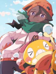  >_< 1boy beanie black_pants blush blush_stickers breath brown_hair clothed_pokemon clouds commentary_request cowboy_shot dark-skinned_male dark_skin day dutch_angle green_scarf hand_on_own_hip hat highres holding holding_snowball jacket male_focus maru_(hachi_47923) naveen_(pokemon) no_nose nose_blush orange_hat pants pokemon pokemon_(creature) pokemon_legends:_z-a red_scarf scarf scraggy sky smile snow snowball snowflakes striped_clothes striped_scarf violet_eyes white_jacket winter zipper 