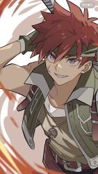  1boy agate_crosner blue_eyes commentary_request cross_scar eiyuu_densetsu george_man gloves green_gloves green_headband green_vest headband highres holding holding_sword holding_weapon male_focus red_hair scar scar_on_face sen_no_kiseki_(series) simple_background smile sora_no_kiseki sword vest weapon 