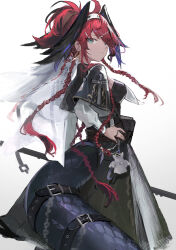 1girl absurdres aqua_eyes arknights black_capelet black_dress braid capelet closed_mouth commentary_request dress earrings ema_(kuguiema) feathered_wings from_behind gracebearer_(arknights) hair_ornament hand_on_own_hip head_wings highres jewelry long_hair long_sleeves looking_at_viewer looking_back multiple_braids multiple_rings ponytail puffy_sleeves red_hair ring snake_tail solo tail tail_belt veil white_veil wings 