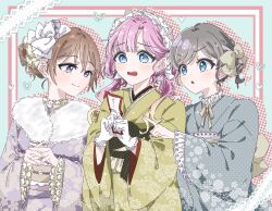  3girls alternate_costume anyoji_hime blue_background bow brown_hair chestnut_mouth closed_mouth commentary drop_shadow frilled_hairband frilled_sash frills fur-trimmed_kimono fur_trim furisode gingham_background gloves green_kimono grey_hair grey_kimono hair_bow hair_bun hairband highres holding holding_omikuji in-franchise_crossover interlocked_fingers japanese_clothes kimono konoe_kanata lace-trimmed_sash link!_like!_love_live! long_hair love_live! love_live!_nijigasaki_high_school_idol_club love_live!_superstar!! low_twintails multiple_girls new_year obi obiage obijime omikuji open_mouth own_hands_together parted_lips peanut_mouth pink_hair pointing polka_dot polka_dot_kimono purple_kimono purple_streaks raised_inner_eyebrows sash short_hair single_hair_bun smile split_mouth tang_keke toto_(ke_ke99) twintails two-handed v-shaped_eyebrows violet_eyes virtual_youtuber white_gloves white_hairband 