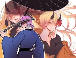  2boys black_shirt closed_mouth commentary fangs glowing glowing_eyes head_on_hand highres holding holding_sword holding_weapon horns jibusa_kun kamishiro_rui long_sleeves looking_at_viewer male_focus multiple_boys oil-paper_umbrella open_mouth project_sekai red_nails red_ribbon ribbon shinnen_kotohogu_inori_no_mai_(project_sekai) shirt sword symbol-only_commentary tenma_tsukasa umbrella weapon yellow_eyes 