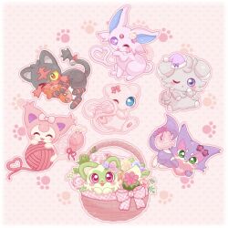  basket bow cactus cat cat_day commentary_request espeon espurr flower hair_bow hat heart highres litten mew_(pokemon) no_humans paw_print pink_background pink_bow pink_ribbon pokemon pokemon_(creature) polka_dot polka_dot_background purrloin ribbon santa_hat shizucha skitty species_connection sprigatito tatsugiri tatsugiri_(curly) yarn yarn_ball 