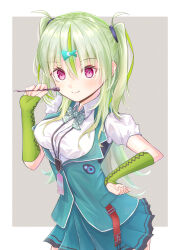  1girl arm_warmers blue_skirt blue_vest blush border bow bowtie breasts closed_mouth collared_shirt commentary_request cowboy_shot eyelashes eyes_visible_through_hair fish_hair_ornament green_arm_warmers green_hair green_streaks grey_background hair_between_eyes hair_ornament hand_on_own_hip hand_up heaven_burns_red highres holding holding_key key long_hair looking_at_viewer medium_breasts miniskirt multicolored_hair ooshima_isuzu outside_border pink_eyes plaid_bow plaid_bowtie plaid_clothes pleated_skirt puffy_short_sleeves puffy_sleeves shirt short_sleeves silisino simple_background skirt smile solo straight_hair streaked_hair two_side_up very_long_hair vest white_border white_shirt 