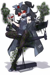  1girl black_pantyhose china_dress chinese_clothes commentary_request covered_navel dress drone glowing glowing_eyes highres holding holding_mask mask mecha_musume mechanical_arms mouth_mask off-shoulder_jacket off_shoulder original pantyhose pckcool pelvic_curtain people's_liberation_army people's_liberation_army_air_force personification red_eyes single_mechanical_arm solo standing standing_on_one_leg unmanned_aerial_vehicle unworn_mask white_background xi'an_ss-uav 