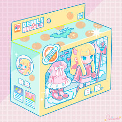  1girl action_figure blonde_hair blue_eyes blunt_bangs blunt_ends blunt_sidelocks blush_stickers box chibi chibi_only closed_mouth commentary dot_nose dress english_commentary frilled_dress frills full_body grid_background highres hiro046k horns in_box in_container jacket long_hair long_sidelocks long_sleeves original pink_background pink_horns pink_skirt red_jacket red_shoes shoes short_sleeves sidelocks signature skirt solo standing track_jacket unworn_dress 