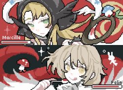  2girls :q ambrosia_(dungeon_meshi) black_hood blonde_hair brown_hair character_name commentary_request dungeon_meshi eating falin_touden falin_touden_(chimera) gameplay_mechanics green_eyes health_bar highres holding holding_spoon marcille_donato marcille_donato_(lord) monster_girl multiple_girls mushroom pixel_art salmonpa0 spoon tongue tongue_out walking_mushroom_(dungeon_meshi) yellow_eyes 