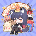  1girl absurdres animal_ears arknights black_footwear black_gloves black_hair black_pantyhose black_shorts box bright_pupils cake candle character_doll chibi colored_inner_hair ear_piercing fingerless_gloves food gift gift_box gloves happy_birthday hat highres holding holding_stuffed_toy huang_qing_ye jitome long_sleeves multicolored_hair pantyhose party_hat piercing pocky redhead shoes shorts simple_background sitting solo stuffed_toy tail texas_(arknights) the_emperor_(arknights) white_pupils wolf_ears wolf_girl wolf_tail yellow_eyes 
