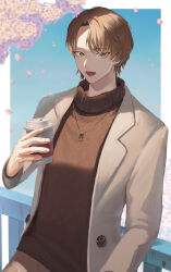  1boy absurdres border brown_eyes brown_hair brown_sweater coat commentary_request cowboy_shot cup disposable_coffee_cup disposable_cup grey_coat highres jewelry kagami_hayato long_sleeves looking_at_viewer magurosamm male_focus necklace nijisanji open_mouth short_hair solo sweater virtual_youtuber white_border 