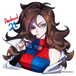  1girl android_21 artist_name blue_dress blue_eyes bright_pupils character_name checkered_clothes checkered_dress coat commentary cropped_torso dragon_ball dragon_ball_fighterz dress earrings english_commentary hair_between_eyes highres holding holding_removed_eyewear hoop_earrings jewelry lab_coat long_hair looking_to_the_side mismatched_pupils off_shoulder orange_hair red_dress red_pupils silvercandy_gum solo twitter_username two-tone_dress unworn_eyewear upper_body very_long_hair white_background white_coat white_pupils 