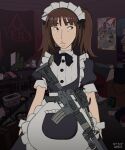  1girl absurdres acog alternate_costume artist_name assault_rifle black_eyes brown_hair commentary english_commentary enmaided eyebrows_hidden_by_hair flashlight freckles gun highres hitsuji_(hitsujigoods) kara_eklund looking_to_the_side m4_carbine maid maid_headdress neet_girl_date_night poster_(object) puffy_short_sleeves puffy_sleeves rifle scope short_sleeves signature sling solo suppressor table twintails weapon wrist_cuffs 