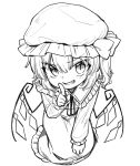 1girl crystal dress flandre_scarlet from_above greyscale grin hand_up hat highres index_finger_raised long_sleeves looking_at_viewer medium_hair mob_cap monochrome neck_ribbon one_side_up oninamako ribbon simple_background smile solo touhou white_background wings 