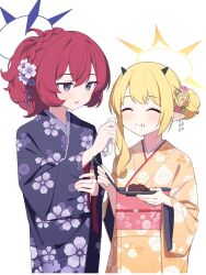  2girls alternate_costume alternate_hairstyle black_horns blonde_hair blue_archive chopsticks cowboy_shot demon_girl demon_horns demon_wings eating feeding floral_print floral_print_kimono flower fluffy_hair food grey_eyes hair_flower hair_ornament halo highres holding holding_chopsticks holding_plate holding_tissue horns ibuki_(blue_archive) iroha_(blue_archive) japanese_clothes kimono mikan_battery mochi multiple_girls napkin obi obiage obijime open_mouth pink_flower plate print_kimono purple_halo purple_kimono red_hair sash short_hair sidelocks simple_background white_background wings yellow_flower yellow_halo yellow_kimono 