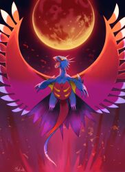  animal_focus claws commentary_request dragon fangs flying full_body full_moon highres moon no_humans open_mouth pokemon pokemon_(creature) red_moon roaring_moon sharp_teeth solo taketori_subalu teeth v-shaped_eyes 