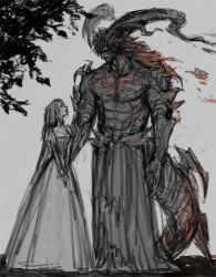  1boy 1girl abs alternate_form alternate_hairstyle beard clive_rosfield couple demon_boy demon_horns demon_tail dress facial_hair fiery_hair final_fantasy final_fantasy_xvi greyscale hand_on_another's_waist highres horns ifrit_(final_fantasy) jill_warrick kasuke_(li_tgknk) long_dress looking_at_another monochrome muscular muscular_male shoulder_spikes sketch smile spikes spot_color tail topless_male 