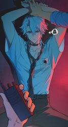  1boy 1other absurdres antenna_hair belt black_belt black_pants blue_eyes collared_shirt commentary english_commentary flame_reaver_of_the_deepest_dark glaring hei_lang highres holding holding_another's_wrists holding_walkie-talkie honkai:_star_rail honkai_(series) looking_at_viewer loose_necktie male_focus neck_tattoo necktie pants parted_bangs phainon_(honkai:_star_rail) restrained shirt short_hair short_sleeves solo spoken_character sun_symbol sun_tattoo tattoo walkie-talkie white_hair white_shirt 