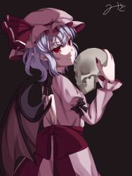  1girl arm_bow back_cutout bat_wings black_background black_bow bow clothing_cutout commentary_request dress fingernails hat hat_ribbon holding holding_skull juliet_sleeves long_sleeves looking_at_viewer medium_hair mito_(fate) mob_cap pink_dress pink_hat pointy_ears puffy_sleeves purple_hair red_eyes red_nails remilia_scarlet ribbon sharp_fingernails signature simple_background skull solo touhou wings 