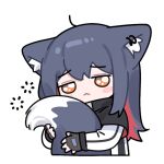  1girl :&lt; :3 ahoge animal_ears arknights black_gloves black_hair blush_stickers brown_eyes chibi ear_piercing fingerless_gloves gloves huang_qing_ye hugging_own_tail jacket jitome piercing redhead simple_background sleep_bubble solo tail texas_(arknights) white_background white_jacket wolf_ears wolf_girl wolf_tail 