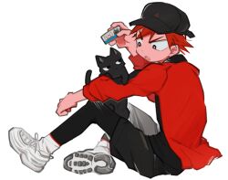  1boy :o animal animal_on_arm ankle_socks arm_on_knee baseball_cap bent_back black_cat black_hat black_jacket black_leggings black_shirt black_shorts bright_pupils can canned_food cat choppy_bangs commentary eye_contact fang from_side full_body hand_up hat jacket leggings leggings_under_shorts looking_at_animal looking_at_another looking_down male_focus multicolored_jacket naruko_shoukichi o_omome open_clothes open_jacket open_mouth pet_food red_eyes red_hair red_jacket shirt shoes short_hair shorts sideways_glance simple_background sneakers socks solo spiky_hair symbol-only_commentary three-quarter_sleeves tsurime tube_socks two-tone_jacket v-shaped_eyebrows very_short_hair white_background white_pupils white_shoes white_socks yowamushi_pedal 