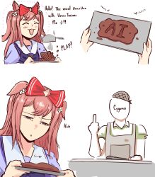  1girl 1other agnes_digital_(umamusume) animal_ears apron blush bow bowtie closed_eyes collared_shirt commentary cygames english_commentary english_text food grey_apron hair_bow hair_net highres holding holding_tray horse_ears horse_girl johnholl0w ladle long_hair middle_finger open_mouth pink_hair puffy_short_sleeves puffy_sleeves purple_bow purple_bowtie purple_shirt red_bow sailor_collar school_uniform shirt short_sleeves smile squinting tracen_school_uniform tray umamusume white_sailor_collar 