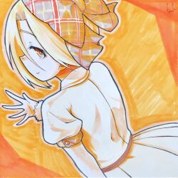  1girl blonde_hair dress hat highres higurashi_aki idolmaster idolmaster_cinderella_girls looking_at_viewer looking_back marker_(medium) orange_eyes orange_theme shikishi shirasaka_koume short_hair solo traditional_media waving 