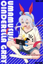  1girl anger_vein animal_ears blue_eyes blue_hairband blue_shorts collarbone commentary_request crossed_legs ear_covers fang grey_hair hair_between_eyes hairband headband heart heart_print highres holding horse_ears horse_girl lightning_bolt_print long_hair long_sleeves nintendo_switch_2 open_mouth red_headband shirt shorts sitting socks solo tamamo_cross_(casual)_(umamusume) tamamo_cross_(umamusume) teeth umamusume umamusume:_cinderella_gray veilxliev very_long_hair white_shirt white_socks 